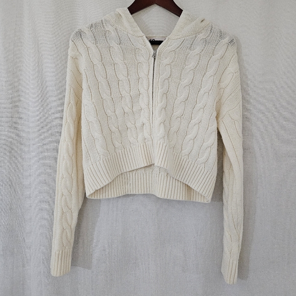 Juniors' SO Shrunken Zip-Up Cable Hoodie in Cream Eggnog Women’s Size S - Picture 6 of 9